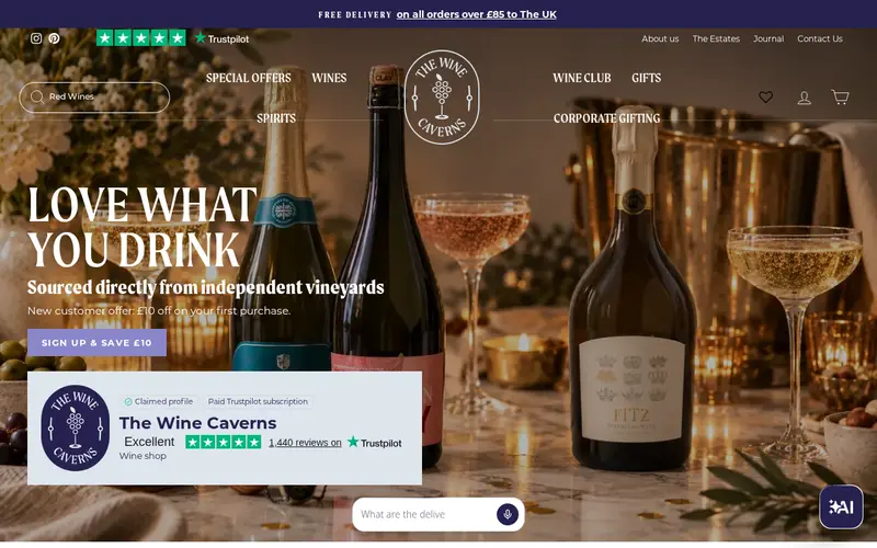 The Wine Caverns (www.thewinecaverns.co.uk) homepage screenshot